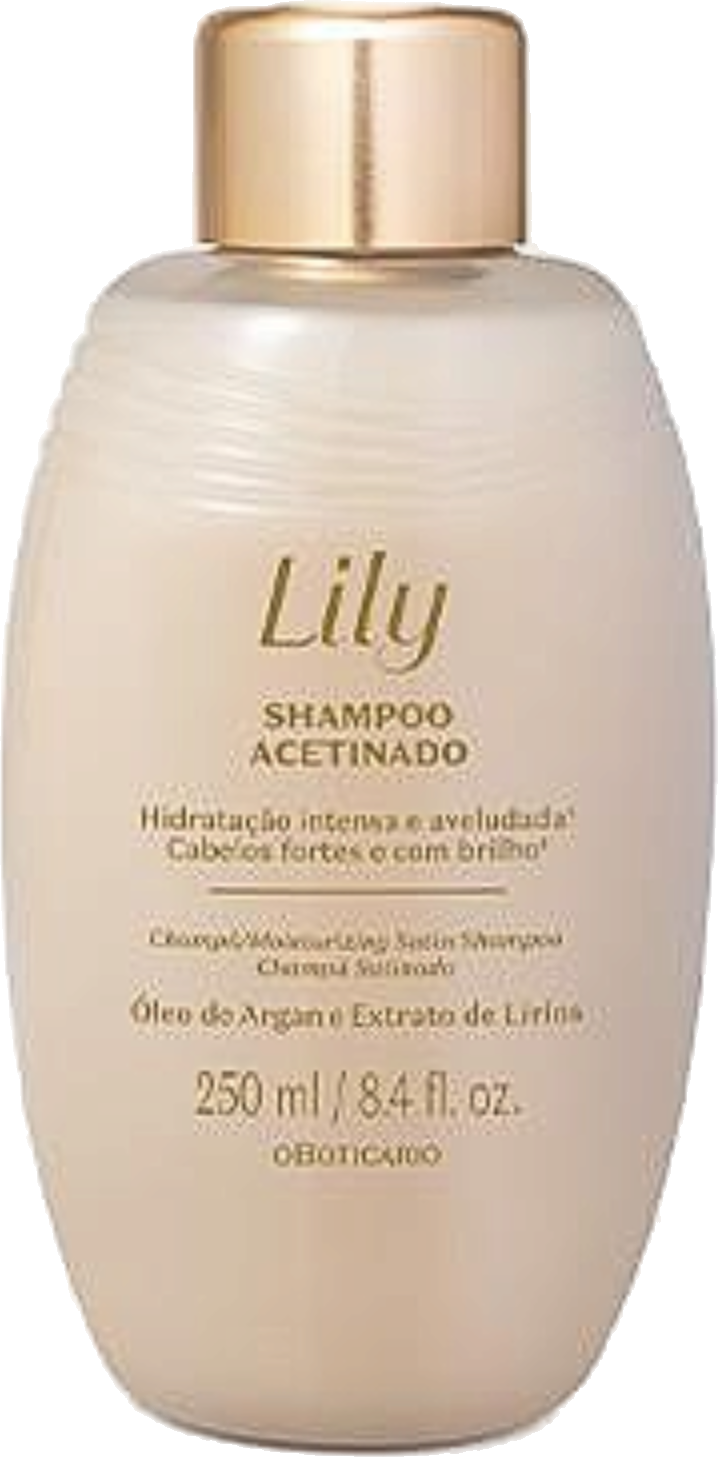 Shampoing Satiné Lily 250 ml O Boticário — flacon pompe doré, huile d'argan et extrait de lys, packshot fond blanc