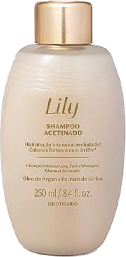 Shampoing Satiné Lily 250 ml O Boticário — flacon pompe doré, huile d'argan et extrait de lys, packshot fond blanc