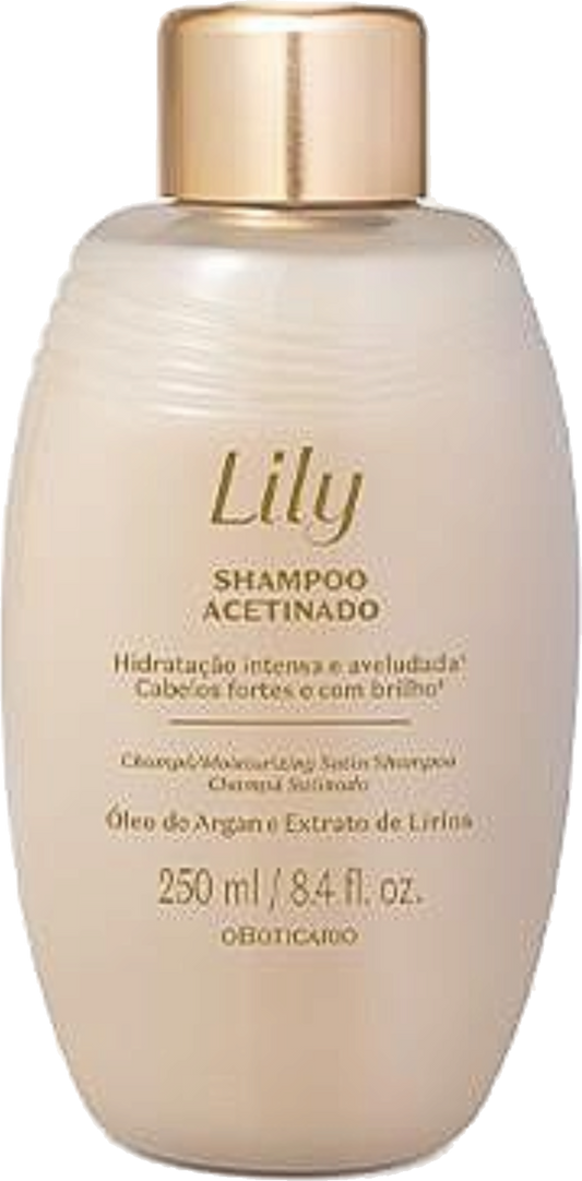Shampoing Satiné Lily 250 ml O Boticário — flacon pompe doré, huile d'argan et extrait de lys, packshot fond blanc