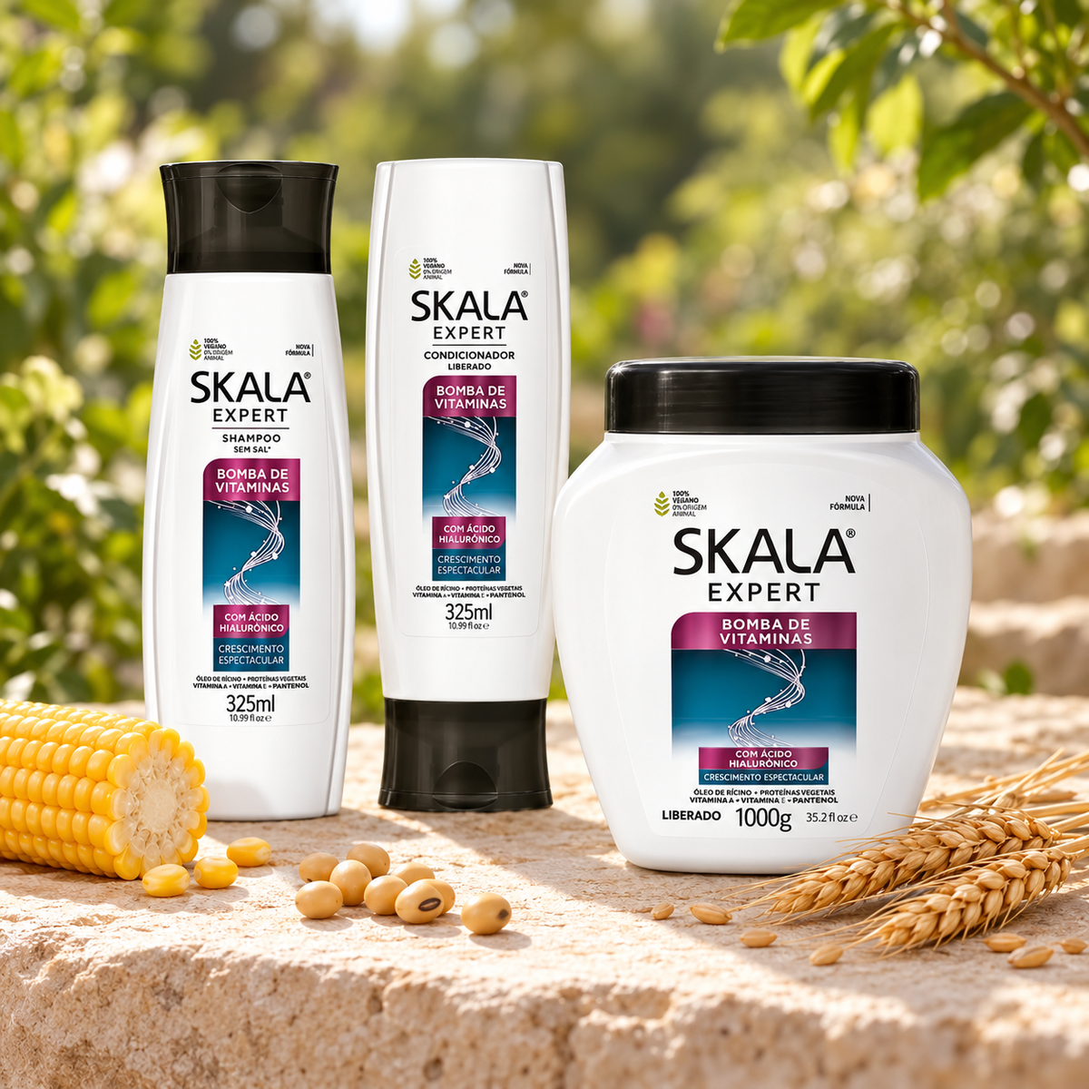 Trio Skala Bomba de Vitaminas – Shampoing, après-shampoing et masque — mise en scène de la gamme