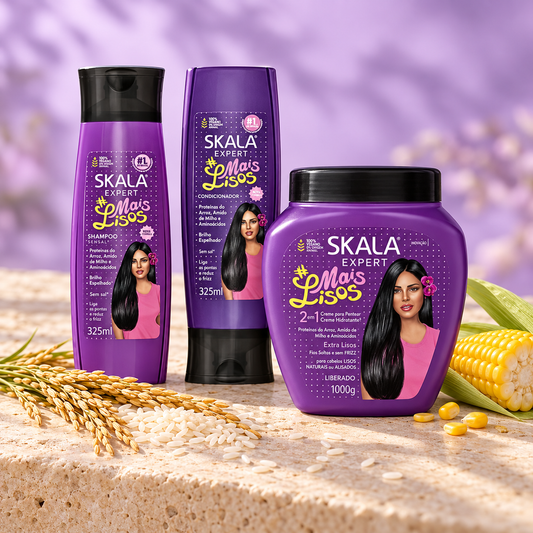 Trio Skala #Mais Lisos – Shampoing, après-shampoing et masque — mise en scène de la gamme